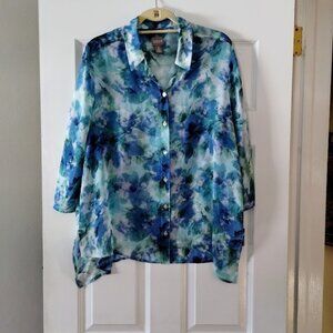 Chico’s 2 Floral Button-Up Long Shirt Watercolor Style Pattern Roll-Tab Sleeve